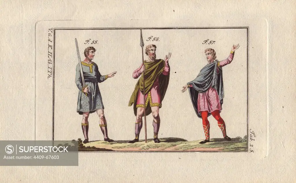 Anglo Saxon soldiers and nobleman.. "Anglo Saxon soldier in boots armed with a sword (55), Anglo Saxon soldier wearing slippers and socks (56), and Anglo Saxon man of very high rank wearing red trousers tied with cords (57)." . Handcolored copperplate engraving from Robert von Spalart's "Historical Picture of the Costumes of the Principal People of Antiquity and of the Middle Ages" (1796).