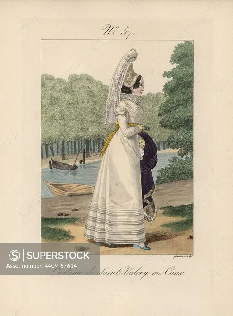Costume of St. Valery en Caux. The decoration of the bonnet is unlike anything we've seen at Rolleville or Bolbec. Hand-colored fashion plate illustration by Lante engraved by Gatine from Louis-Marie Lante's "Costumes des femmes du Pays de Caux," 1827/1885. With their tall Alsation lace hats, the women of Caux and Normandy were famous for the elegance and style.