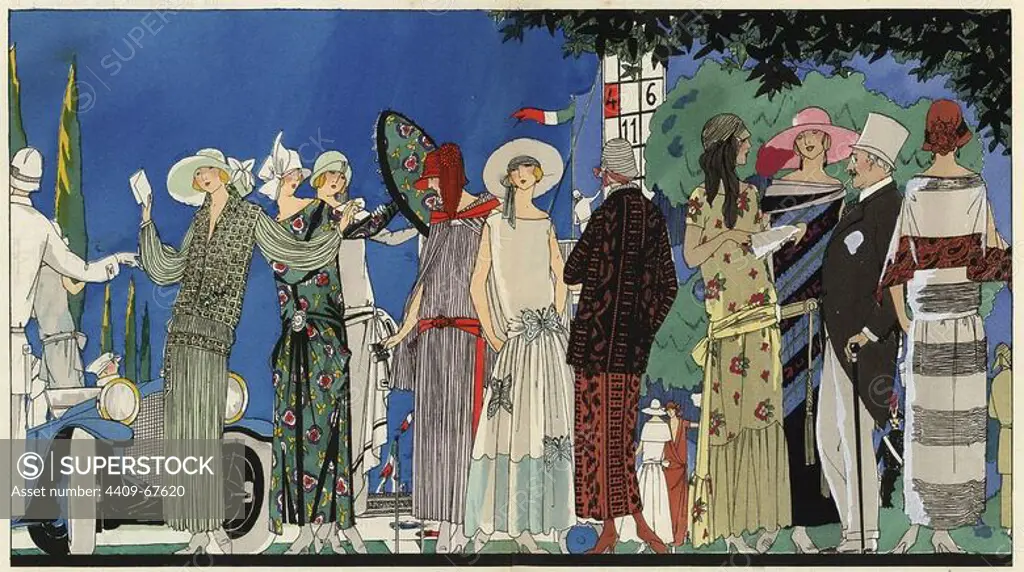 Fashionable people at an automobile race. Women wearing elegant long dresses in printed silk and chiffon, cloche hats, and man in top hat and frock coat. Handcolored pochoir (stencil) lithograph from the French luxury fashion magazine "Art, Gout, Beaute" 1923.