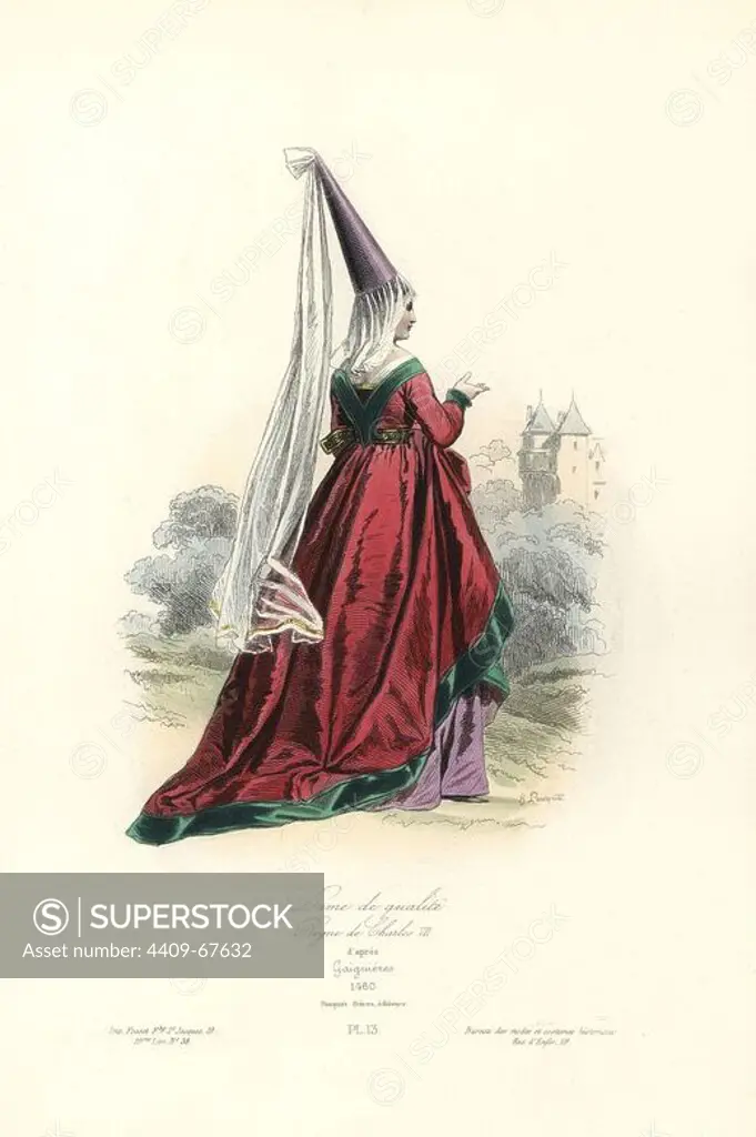 Woman of quality, reign of Charles VII, 1460. Handcoloured steel engraving by Hippolyte Pauquet after Gaignieres from the Pauquet Brothers' "Modes et Costumes Historiques" (Historical Fashions and Costumes), Paris, 1865. Hippolyte (b. 1797) and Polydor Pauquet (b. 1799) ran a successful publishing house in Paris in the 19th century, specializing in illustrated books on costume, birds, butterflies, anatomy and natural history.