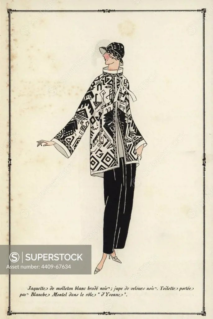 Jacket in white fleece embroidered in black, with black velvet trousers. Stage costume worn by Blanche Montel in the role of Yvonne. Handcolored pochoir (stencil) lithograph from the French luxury fashion magazine "Art, Gout, Beaute" 1923.