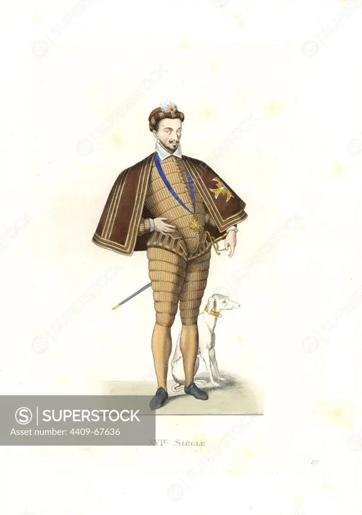King Henry III of France, 16th century, wearing the blue sash of the Order of Saint Esprit. Based on a painting in the Louvre. Handcolored illustration by E. Lechevallier-Chevignard, lithographed by A. Didier, L. Flameng, F. Laguillermie, from Georges Duplessis's "Costumes historiques des XVIe, XVIIe et XVIIIe siecles" (Historical costumes of the 16th, 17th and 18th centuries), Paris 1867. The book was a continuation of the series on the costumes of the 12th to 15th centuries published by Camille Bonnard and Paul Mercuri from 1830. Georges Duplessis (1834-1899) was curator of the Prints department at the Bibliotheque nationale. Edmond Lechevallier-Chevignard (1825-1902) was an artist, book illustrator, and interior designer for many public buildings and churches. He was named professor at the National School of Decorative Arts in 1874.