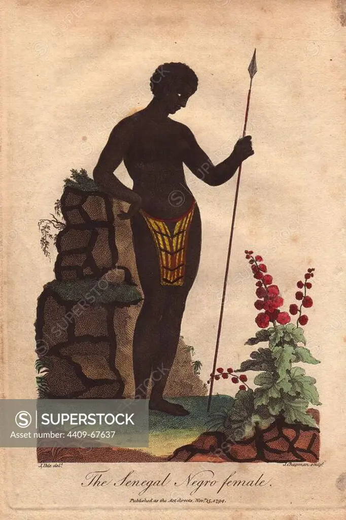 "The Senegal Negro female." A woman of Senegal holding a spear.. Hand-colored copperplate engraving from a drawing by Johann Ihle from Ebenezer Sibly's "Universal System of Natural History" 1794. The prolific Sibly published his Universal System of Natural History in 1794~1796 in five volumes covering the three natural worlds of fauna, flora and geology. The series included illustrations of mythical beasts such as the sukotyro and the mermaid, and depicted sloths sitting on the ground (instead of hanging from trees) and a domesticated female orang utan wearing a bandana. The engravings were by J. Pass, J. Chapman and Barlow copied from original drawings by famous natural history artists George Edwards, Albertus Seba, Maria Sybilla Merian, and Johann Ihle.