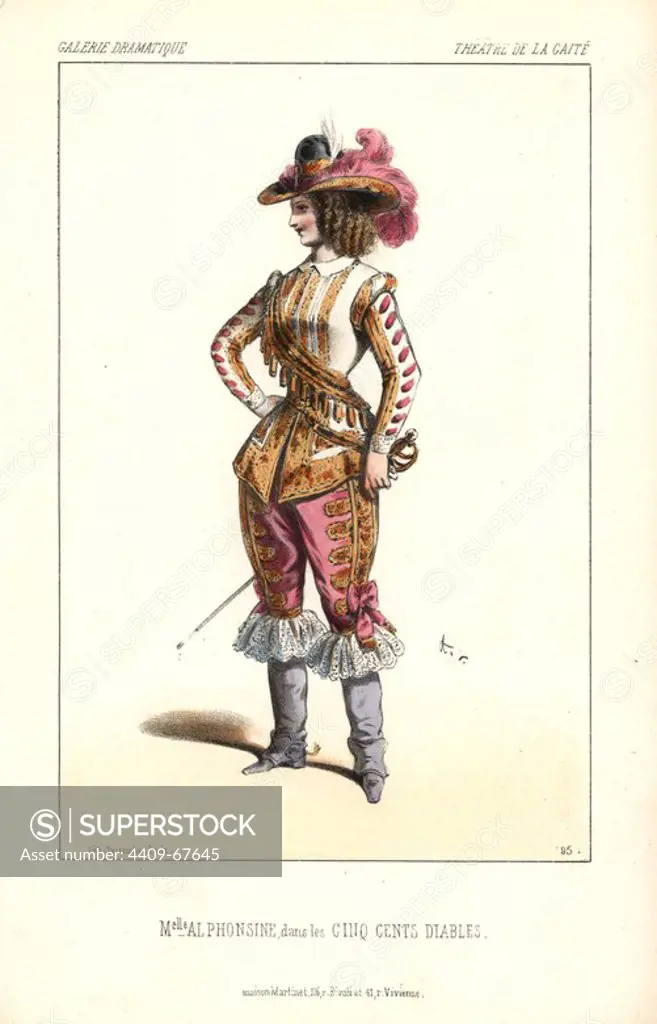 Mlle. Alphonsine in male drag as the Princess Castorine in "Les Cinq Cents Diables" at the Theatre de la Gaite. Actress and singer Jeanne Benoit (1829-1883) appeared under the stage names Mlle. Alphonsine and Mlle. Fleury. "The 500 Devils" was a fairy spectacle by Dumanoir and Dennery. Handcoloured lithograph by Alexandre Lacauchie from "Galerie Dramatique: Costumes des Theatres de Paris" 1854.