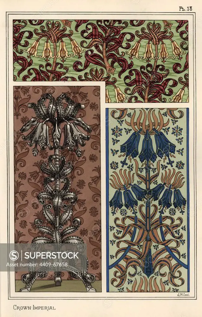 Crown imperial flower, Fritillaria imperialis, in wallpaper and fabric patterns, and as design for a steel art object. Lithograph by J. Milesi with pochoir (stencil) handcoloring from Eugene Grasset's Plants and their Application to Ornament, Paris, 1897. Grasset (1841-1917) was a Swiss artist whose innovative designs inspired the art nouveau movement at the end of the 19th century.