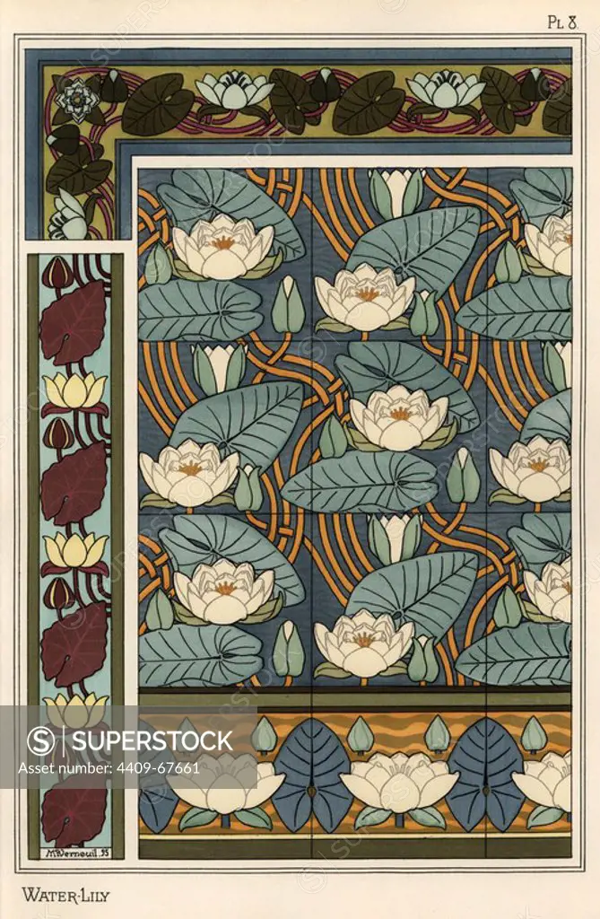 The water lily, Nelumbo lutea, in wallpaper and tile patterns. Lithograph by Verneuil with pochoir (stencil) handcoloring from Eugene Grasset's Plants and their Application to Ornament, Paris, 1897. Grasset (1841-1917) was a Swiss artist whose innovative designs inspired the art nouveau movement at the end of the 19th century.