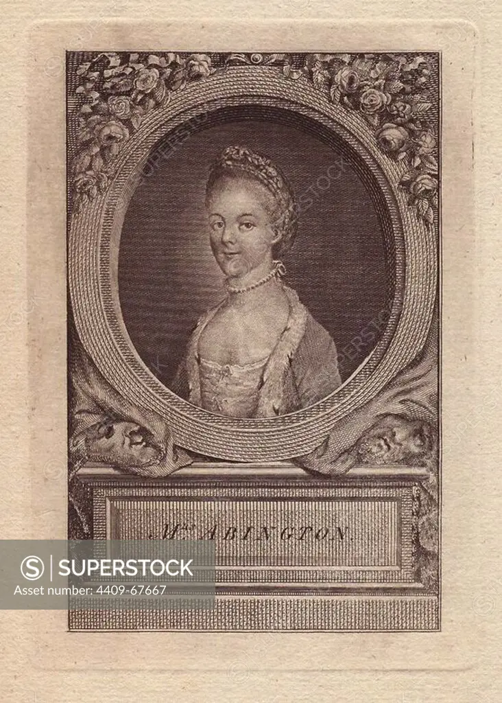 Mrs. Frances Abington (1737-1815), English actress who performed at Drury Lane and Covent Garden. Portrait within an oval border, with plinth below.