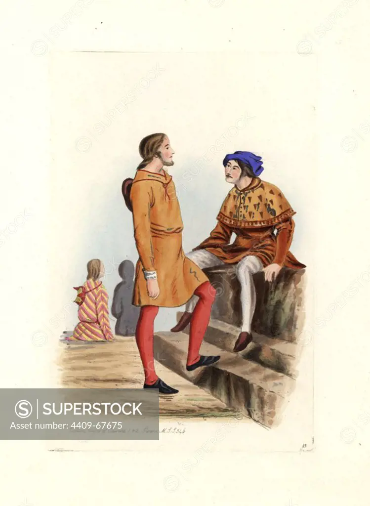 Male costume in the reigns of Edward I and II (1272-1327). Men in colourful short tunics and stockings. Handcolored engraving from "Civil Costume of England from the Conquest to the Present Period" drawn by Charles Martin and etched by Leopold Martin, London, Henry Bohn, 1842. The costumes were drawn from tapestries, monumental effigies, illuminated manuscripts and portraits. Charles and Leopold Martin were the sons of the romantic artist and mezzotint engraver John Martin (1789-1854).
