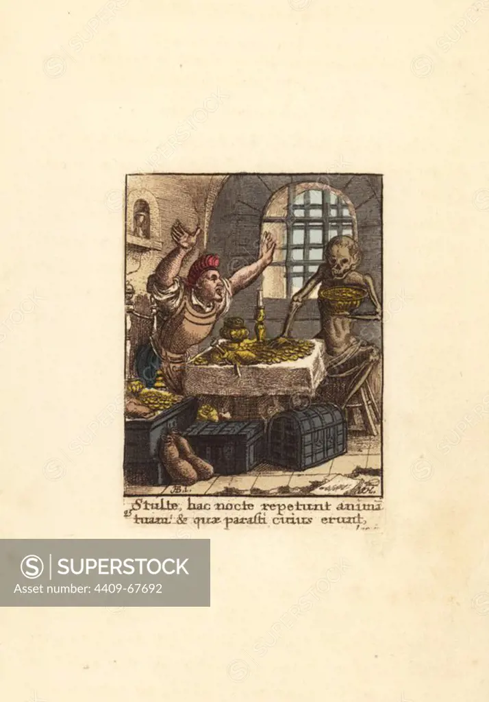 Skeleton of Death stealing gold coins and treasure from a Miser in his vault with barred windows. Handcoloured copperplate engraving by Wenceslaus Hollar from The Dance of Death by Hans Holbein, Coxhead, London, 1816.