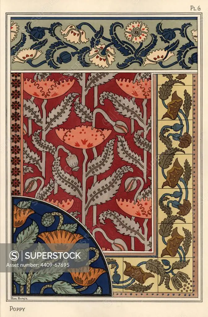 The poppy, Papaver somniferum, in stained glass, wallpaper, fabric and tile patterns. Lithograph by Marc Mangin with pochoir (stencil) handcoloring from Eugene Grasset's Plants and their Application to Ornament, Paris, 1897. Grasset (1841-1917) was a Swiss artist whose innovative designs inspired the art nouveau movement at the end of the 19th century.