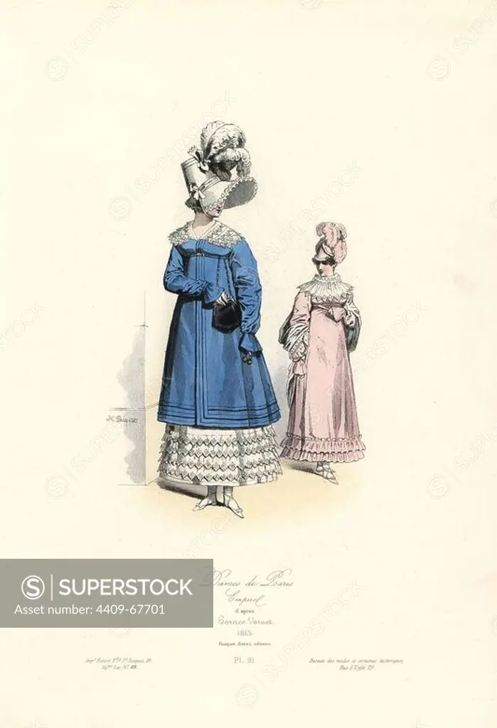 Parisian ladies, Empire era, 1813. Handcoloured steel engraving by Hippolyte Pauquet after Horace Vernet from the Pauquet Brothers' "Modes et Costumes Historiques" (Historical Fashions and Costumes), Paris, 1865. Hippolyte (b. 1797) and Polydor Pauquet (b. 1799) ran a successful publishing house in Paris in the 19th century, specializing in illustrated books on costume, birds, butterflies, anatomy and natural history.