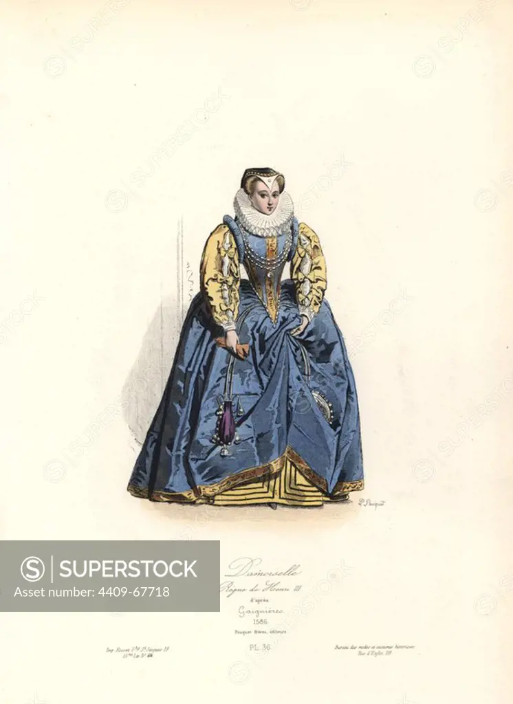 Lady, reign of Henri III, 1586. Handcoloured steel engraving by Polidor Pauquet after Gaignieres from the Pauquet Brothers' "Modes et Costumes Historiques" (Historical Fashions and Costumes), Paris, 1865. Hippolyte (b. 1797) and Polydor Pauquet (b. 1799) ran a successful publishing house in Paris in the 19th century, specializing in illustrated books on costume, birds, butterflies, anatomy and natural history.