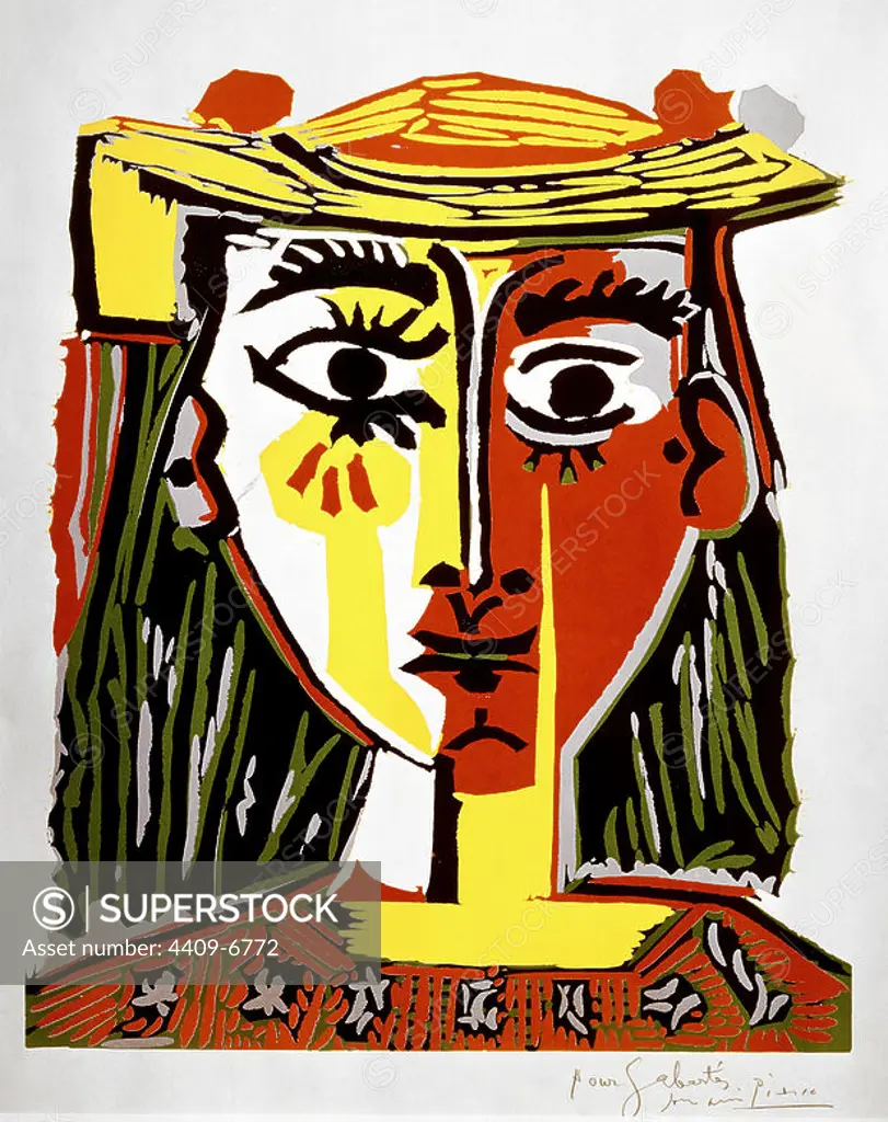 Head of a Woman with a Hat (Jacqueline). 1962. Engraving on coloured linoleum (63.5 x 52.5). Barcelona, Picasso Museum. Author: PABLO PICASSO (1881-1973). Location: PICASSO MUSEUM. Barcelona. SPAIN. Jacqueline. PICASSO MUJER DE. JACQUELINE ROQUE.