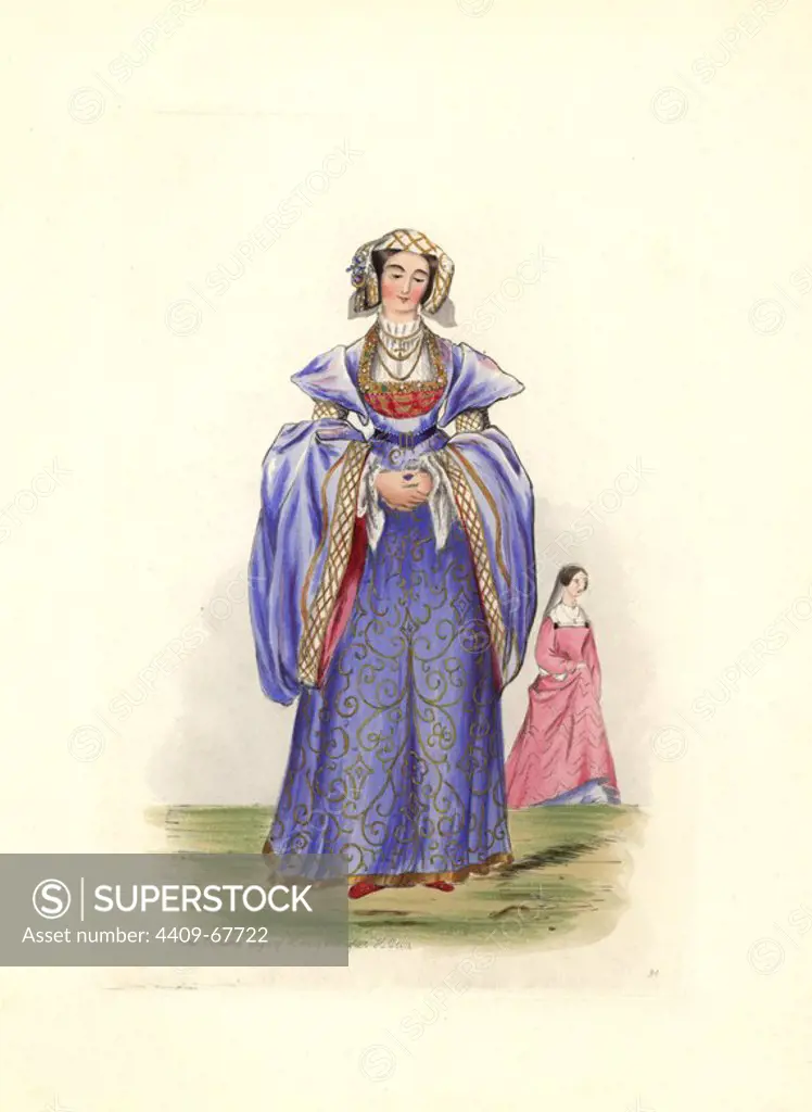 Female costume in the reign of Henry VIII after Holbein. She wears a long dress with embroidered front and large full sleeves over red shoes. Handcolored engraving from "Civil Costume of England from the Conquest to the Present Period" drawn by Charles Martin and etched by Leopold Martin, London, Henry Bohn, 1842. The costumes were drawn from tapestries, monumental effigies, illuminated manuscripts and portraits. Charles and Leopold Martin were the sons of the romantic artist and mezzotint engraver John Martin (1789-1854).