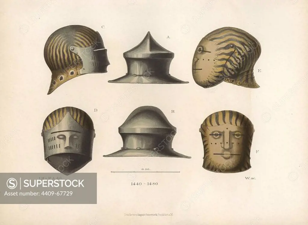 Three helmets from the late 15th century. A kettle hat in the middle, a sallet with visor at left, and a visored helmet decorated with flames at right. Chromolithograph from Hefner-Alteneck's "Costumes, Artworks and Appliances from the early Middle Ages to the end of the 18th Century," Frankfurt, 1883. IIlustration drawn by Hefner-Alteneck, lithographed by C. Regnier, and published by Heinrich Keller. Dr. Jakob Heinrich von Hefner-Alteneck (1811-1903) was a German archeologist, art historian and illustrator. He was director of the Bavarian National Museum from 1868 until 1886.