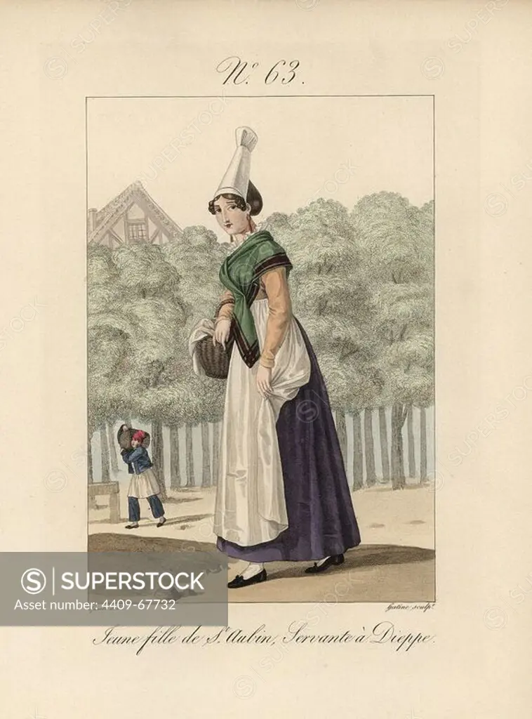 Young woman of St. Aubin, a servant at Dieppe. Common women often wear a simple bonnet all day. Hand-colored fashion plate illustration by Lante engraved by Gatine from Louis-Marie Lante's "Costumes des femmes du Pays de Caux," 1827/1885. With their tall Alsation lace hats, the women of Caux and Normandy were famous for the elegance and style.