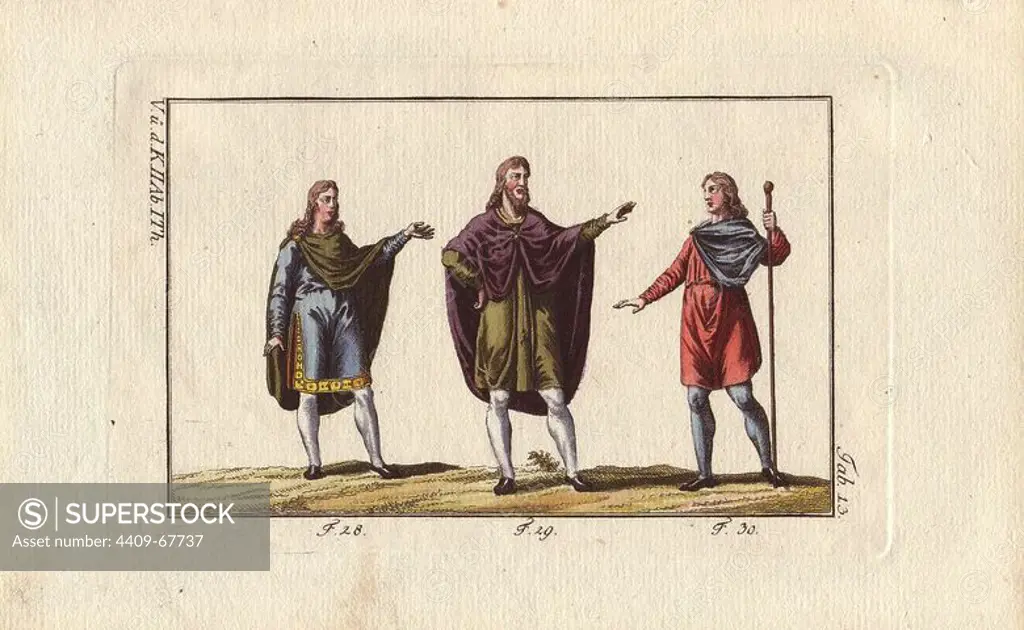 "Another way of wearing the mantle (28), a man wearing a mantle (29), and an Anglo Saxon youth wearing a short mantle.". The left figure wears the mantle fastened at the right shoulder leaving the right arm free and the left arm draped. The figure in the centre has the mantle fastened on his breast. The figure at right wears a short mantle fastened on the right shoulder. Handcolored copperplate engraving from Robert von Spalart's "Historical Picture of the Costumes of the Principal People of Antiquity and of the Middle Ages" (1796).