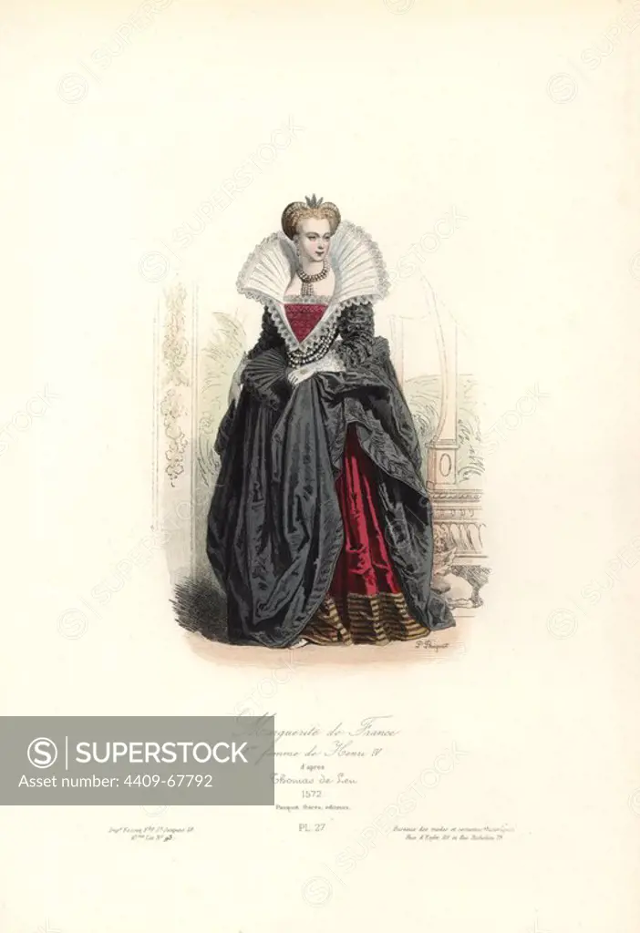 Margaret of Valois (1553-1615), first wife of Henri IV, 1572. Handcoloured steel engraving by Polidor Pauquet after Thomas de Leu from the Pauquet Brothers' "Modes et Costumes Historiques" (Historical Fashions and Costumes), Paris, 1865. Hippolyte (b. 1797) and Polydor Pauquet (b. 1799) ran a successful publishing house in Paris in the 19th century, specializing in illustrated books on costume, birds, butterflies, anatomy and natural history.