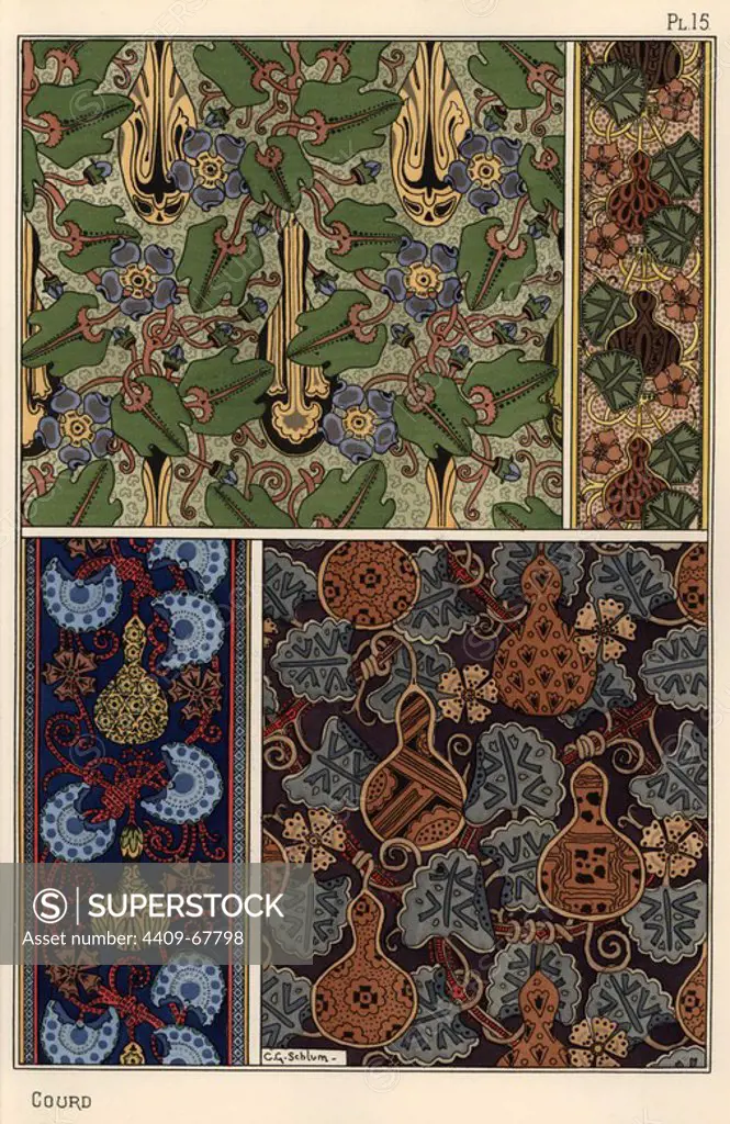 Gourd in fabric and wallpaper patterns. Lithograph by Schlumberger with pochoir (stencil) handcoloring from Eugene Grasset's Plants and their Application to Ornament, Paris, 1897. Grasset (1841-1917) was a Swiss artist whose innovative designs inspired the art nouveau movement at the end of the 19th century.