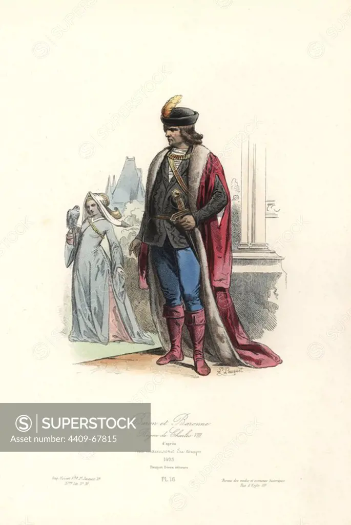 Baron and baroness, reign of Charles VIII, 1493. Handcoloured steel engraving by Polidor Pauquet after a contemporary manuscript from the Pauquet Brothers' "Modes et Costumes Historiques" (Historical Fashions and Costumes), Paris, 1865. Hippolyte (b. 1797) and Polydor Pauquet (b. 1799) ran a successful publishing house in Paris in the 19th century, specializing in illustrated books on costume, birds, butterflies, anatomy and natural history.