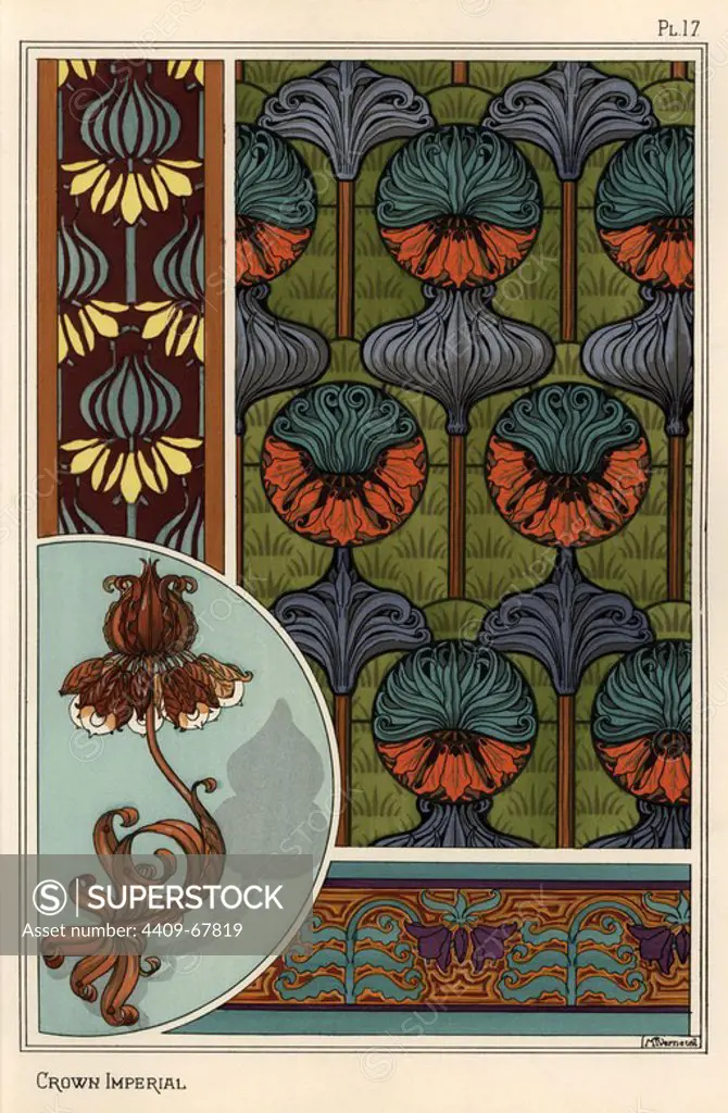 Crown imperial flower, Fritillaria imperialis, in wallpaper and fabric patterns, and as design for a wrought iron lamp. Lithograph by Verneuil with pochoir (stencil) handcoloring from Eugene Grasset's Plants and their Application to Ornament, Paris, 1897. Grasset (1841-1917) was a Swiss artist whose innovative designs inspired the art nouveau movement at the end of the 19th century.