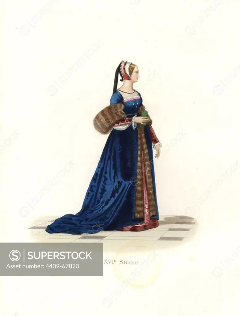 Lady at the court of Francis I wearing a dress of red silk covered by a fur-lined robe of blue silk with a long train.. Handcolored illustration by E. Lechevallier-Chevignard, lithographed by A. Didier, L. Flameng, F. Laguillermie, from Georges Duplessis's "Costumes historiques des XVIe, XVIIe et XVIIIe siecles" (Historical costumes of the 16th, 17th and 18th centuries), Paris 1867. The book was a continuation of the series on the costumes of the 12th to 15th centuries published by Camille Bonnard and Paul Mercuri from 1830. Georges Duplessis (1834-1899) was curator of the Prints department at the Bibliotheque nationale. Edmond Lechevallier-Chevignard (1825-1902) was an artist, book illustrator, and interior designer for many public buildings and churches. He was named professor at the National School of Decorative Arts in 1874.