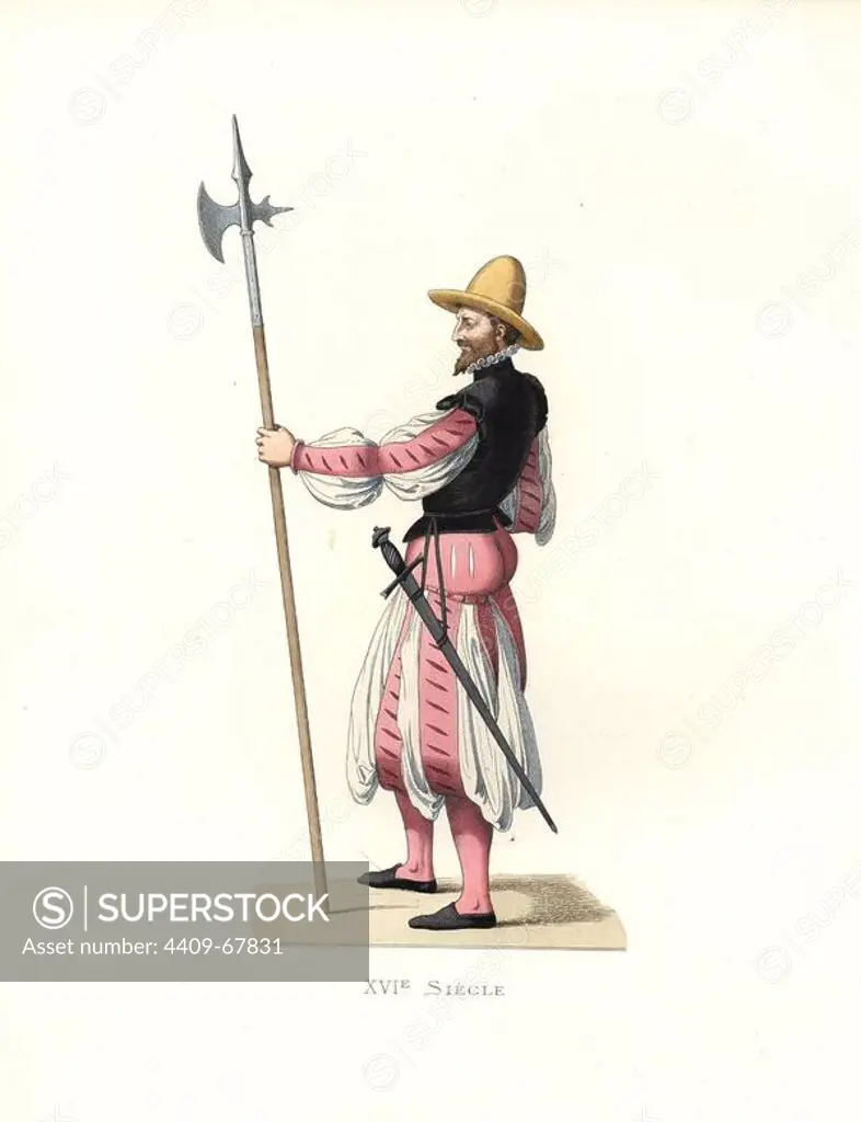 German mercenary, 16th century, pink slashed hose and doublet, pink stockings, black waistcoat, carrying a sword and halberd.. Handcolored illustration by E. Lechevallier-Chevignard, lithographed by A. Didier, L. Flameng, F. Laguillermie, from Georges Duplessis's "Costumes historiques des XVIe, XVIIe et XVIIIe siecles" (Historical costumes of the 16th, 17th and 18th centuries), Paris 1867. The book was a continuation of the series on the costumes of the 12th to 15th centuries published by Camille Bonnard and Paul Mercuri from 1830. Georges Duplessis (1834-1899) was curator of the Prints department at the Bibliotheque nationale. Edmond Lechevallier-Chevignard (1825-1902) was an artist, book illustrator, and interior designer for many public buildings and churches. He was named professor at the National School of Decorative Arts in 1874.