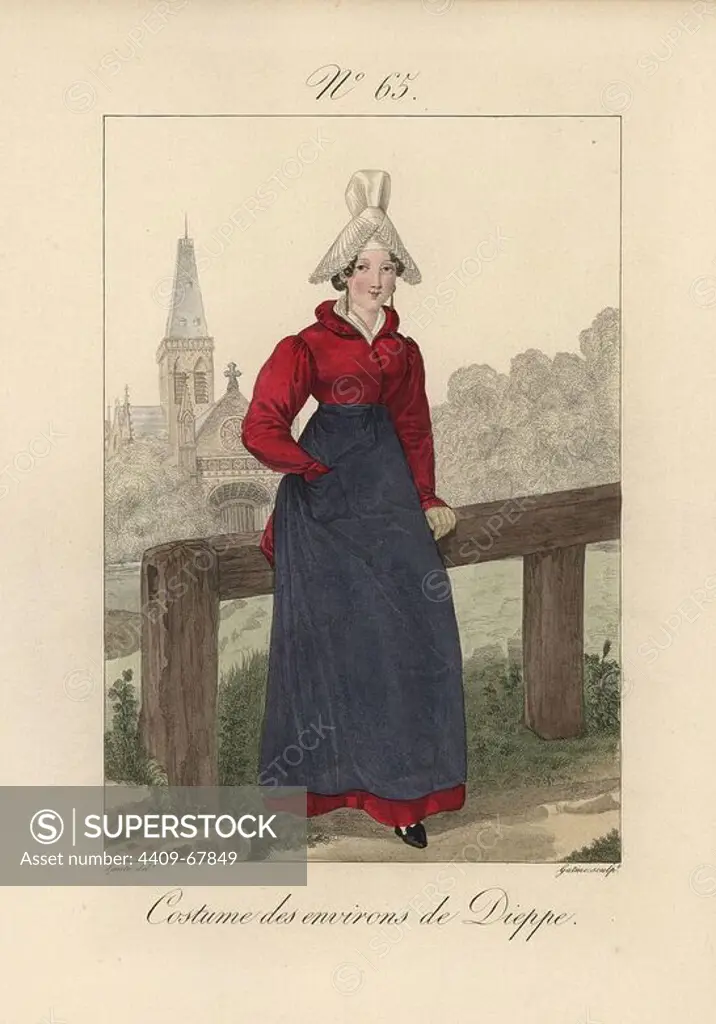 Costume of the area of Dieppe. The wings of the papillon (butterfly) on this bonnet are folded toward the front, giving it a very different air from the usual style. A church is seen in the background. Hand-colored fashion plate illustration by Lante engraved by Gatine from Louis-Marie Lante's "Costumes des femmes du Pays de Caux," 1827/1885. With their tall Alsation lace hats, the women of Caux and Normandy were famous for the elegance and style.