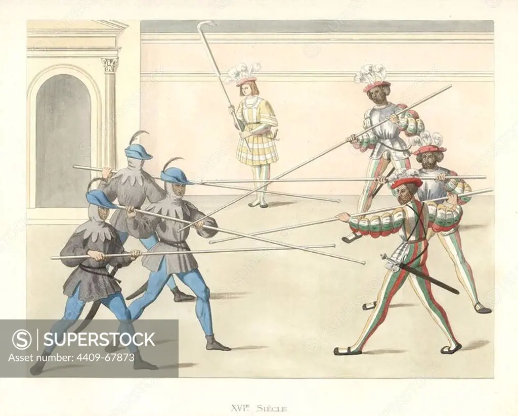 Scene at a festival in Nuremburg, a tournament battle with lances between the Hirshvogel and Riet noble families. One team in grey tunics and blue stockings, the other in striped outfits and breastplate armor.. Handcolored illustration by E. Lechevallier-Chevignard, lithographed by A. Didier, L. Flameng, F. Laguillermie, from Georges Duplessis's "Costumes historiques des XVIe, XVIIe et XVIIIe siecles" (Historical costumes of the 16th, 17th and 18th centuries), Paris 1867. The book was a continuation of the series on the costumes of the 12th to 15th centuries published by Camille Bonnard and Paul Mercuri from 1830. Georges Duplessis (1834-1899) was curator of the Prints department at the Bibliotheque nationale. Edmond Lechevallier-Chevignard (1825-1902) was an artist, book illustrator, and interior designer for many public buildings and churches. He was named professor at the National School of Decorative Arts in 1874.