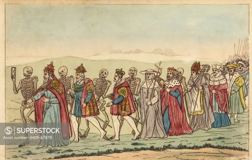 A parade of skeletons of Death accompany Emperors, Kings, Cardinals, Bishops and other Nobles in a Danse Macabre. Copied from an engraving by Hollar in The History of St. Paul's Cathedral in London, 1658. Handcoloured copperplate engraving from The Dance of Death by Hans Holbein, Coxhead, London, 1816.