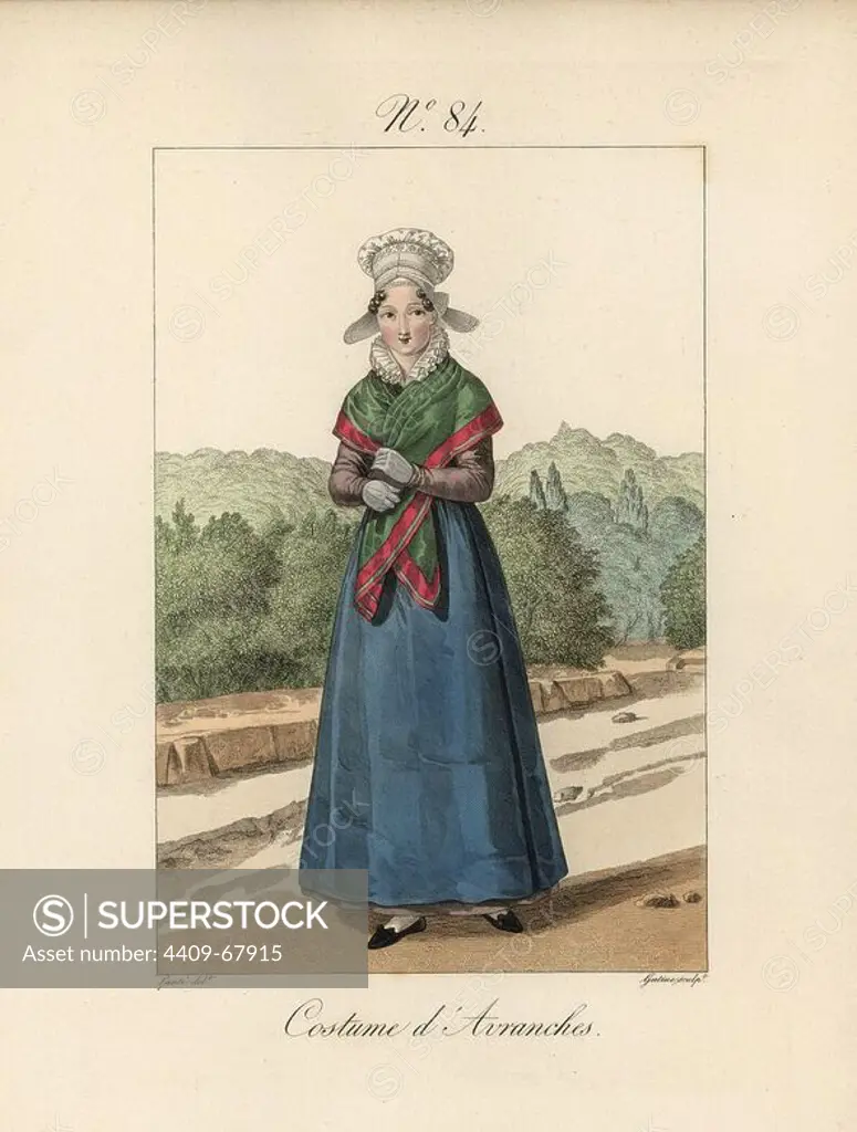 Costume of Avranches. She wears a bonnet with a larger top than we have seen previously, and with the papillon wings flying away from the cheeks as seen at Coutances. Hand-colored fashion plate illustration by Lante engraved by Gatine from Louis-Marie Lante's "Costumes des femmes du Pays de Caux," 1827/1885. With their tall Alsation lace hats, the women of Caux and Normandy were famous for the elegance and style.