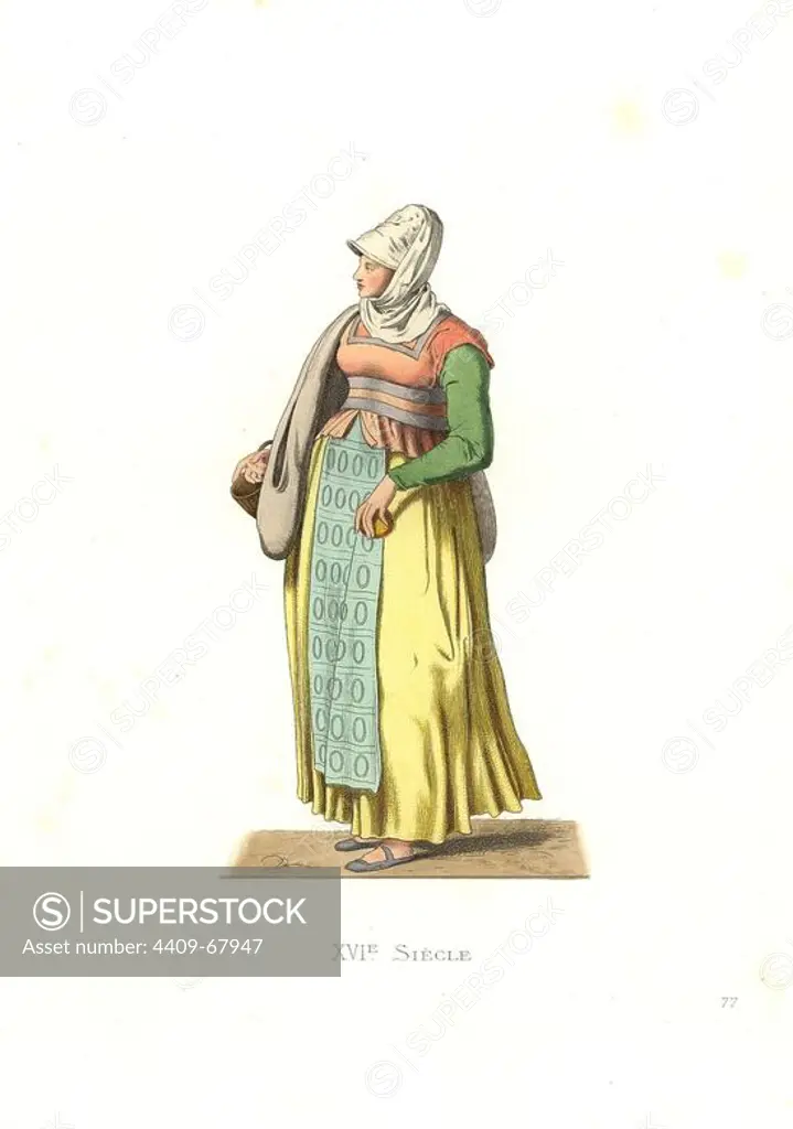Peasant woman of Portugal, 16th century, based on a contemporary print. Handcolored illustration by E. Lechevallier-Chevignard, lithographed by A. Didier, L. Flameng, F. Laguillermie, from Georges Duplessis's "Costumes historiques des XVIe, XVIIe et XVIIIe siecles" (Historical costumes of the 16th, 17th and 18th centuries), Paris 1867. The book was a continuation of the series on the costumes of the 12th to 15th centuries published by Camille Bonnard and Paul Mercuri from 1830. Georges Duplessis (1834-1899) was curator of the Prints department at the Bibliotheque nationale. Edmond Lechevallier-Chevignard (1825-1902) was an artist, book illustrator, and interior designer for many public buildings and churches. He was named professor at the National School of Decorative Arts in 1874.