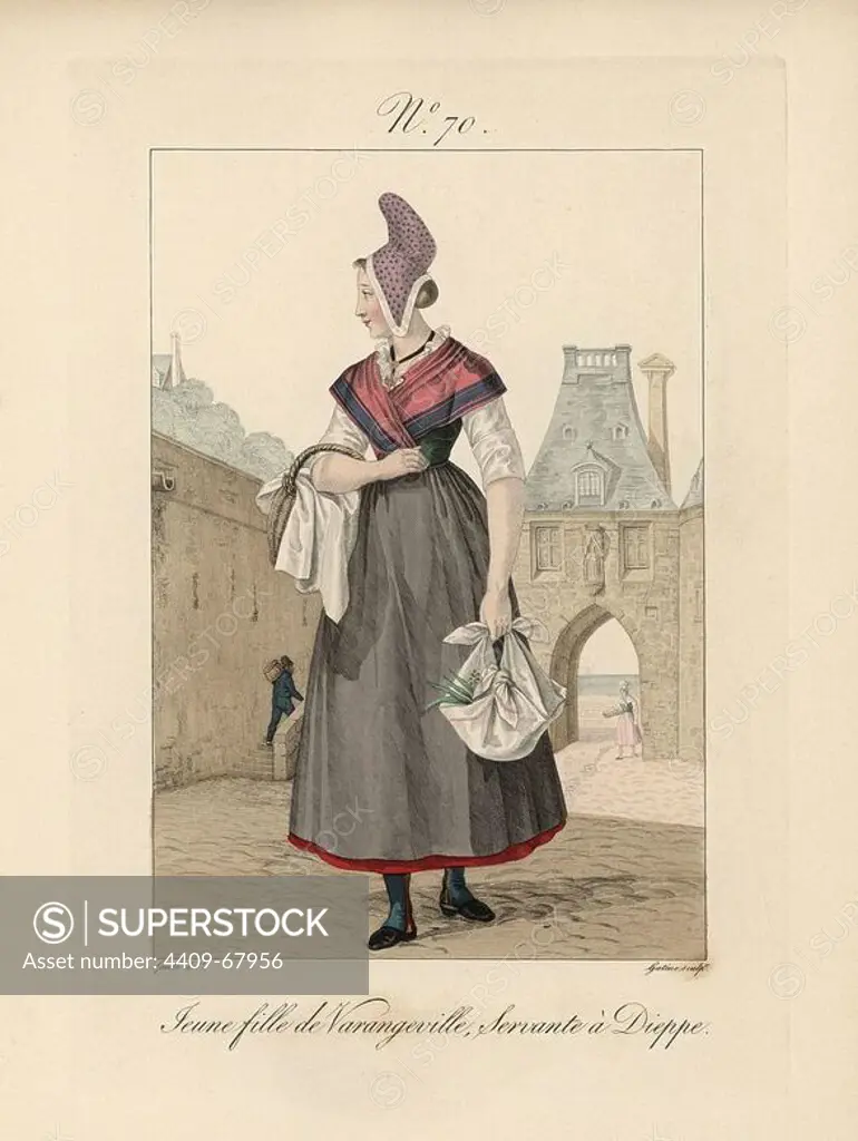 Young girl of Varengeville, near Dieppe. The bonnet is of cotton toile. Varengeville is a league and a half from Dieppe. The town gate and main square can be seen in the background. Hand-colored fashion plate illustration by Lante engraved by Gatine from Louis-Marie Lante's "Costumes des femmes du Pays de Caux," 1827/1885. With their tall Alsation lace hats, the women of Caux and Normandy were famous for the elegance and style.