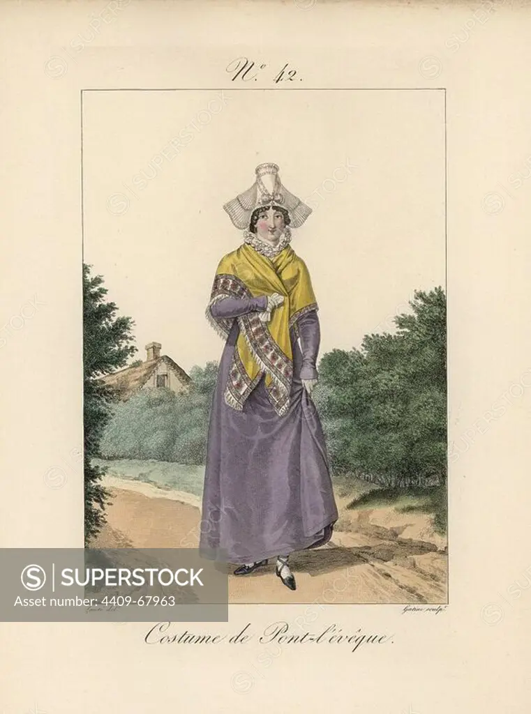 Costume of Pont l'Eveque. The bavolet bonnet differs slightly from that of Lisieux, because the papillon butterfly wings are fixed at the temples. Hand-colored fashion plate illustration by Lante engraved by Gatine from Louis-Marie Lante's "Costumes des femmes du Pays de Caux," 1827/1885. With their tall Alsation lace hats, the women of Caux and Normandy were famous for the elegance and style.