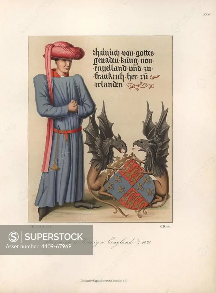 King Henry VI of England, 1421-1471, from a picture in the diary of the Knights of Ehingen. With two black-winged dragons holding his heraldic coat of arms of lions and fleurs-de-lys. Chromolithograph from Hefner-Alteneck's "Costumes, Artworks and Appliances from the early Middle Ages to the end of the 18th Century," Frankfurt, 1883. IIlustration drawn by Hefner-Alteneck, lithographed by C. Regnier, and published by Heinrich Keller. Dr. Jakob Heinrich von Hefner-Alteneck (1811-1903) was a German archeologist, art historian and illustrator. He was director of the Bavarian National Museum from 1868 until 1886.