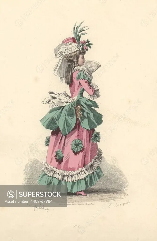 Fashionable woman in "petite maitresse" style: pink dress ornamented with green flower rosettes, bonnet with flowers.. Francois-Claudius Compte-Calix (1813-1880) was a French painter and illustrator. A regular exhibitor at the Salons, he illustrated numerous books and several romantic books of poetry, and for many years contributed to the fashion magazine "Modes Parisiennes".. Handcolored lithograph of an illustration by Francois-Claudius Compte-Calix from "Les Modes Parisiennes sous le Directoire" (Paris Fashions under the Directory 1795-1799) 1865.