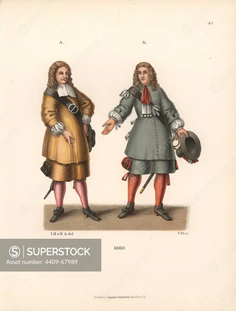 Men in mid-17th century costume. Chromolithograph from Hefner-Alteneck's "Costumes, Artworks and Appliances from the Middle Ages to the 17th Century," Frankfurt, 1889. Illustration by Dr. Jakob Heinrich von Hefner-Alteneck, lithograph by CB and published by Heinrich Keller. Dr. Hefner-Alteneck (1811 - 1903) was a German curator, archaeologist, art historian, illustrator and etcher.