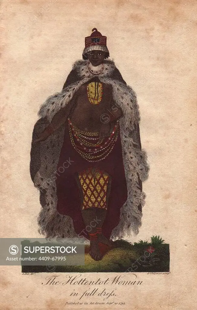 "Hottentot Woman in full dress" Koisan woman of South Africa in full dress wearing animal skin cape; beaded belt, bracelet, hat and necklace.. Hand-colored copperplate engraving from a drawing by Johann Ihle from Ebenezer Sibly's "Universal System of Natural History" 1794. The prolific Sibly published his Universal System of Natural History in 1794~1796 in five volumes covering the three natural worlds of fauna, flora and geology. The series included illustrations of mythical beasts such as the sukotyro and the mermaid, and depicted sloths sitting on the ground (instead of hanging from trees) and a domesticated female orang utan wearing a bandana. The engravings were by J. Pass, J. Chapman and Barlow copied from original drawings by famous natural history artists George Edwards, Albertus Seba, Maria Sybilla Merian, and Johann Ihle.