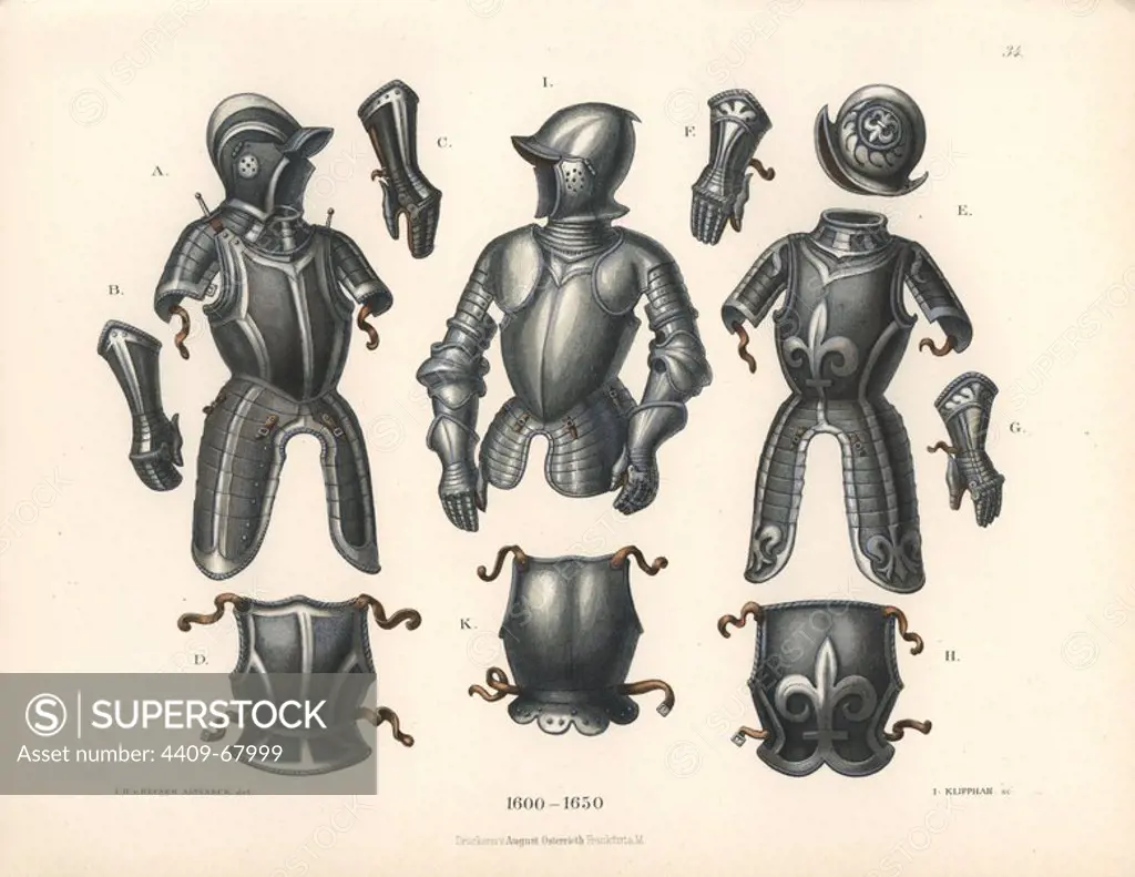 Suits of armour from the early 17th century, with gloves, breastplates, and helmets. Chromolithograph from Hefner-Alteneck's "Costumes, Artworks and Appliances from the Middle Ages to the 17th Century," Frankfurt, 1889. Illustration by Dr. Jakob Heinrich von Hefner-Alteneck, lithographed by Joh. Klipphahn, and published by Heinrich Keller. Dr. Hefner-Alteneck (1811 - 1903) was a German museum curator, archaeologist, art historian, illustrator and etcher.