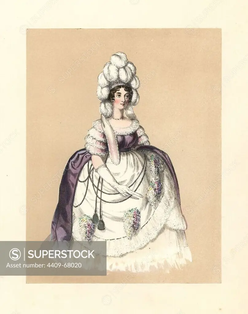Dress of the reign of George III, 1760~1820. Woman in feathered headdress, gown of purple silk with lace sleeves, large hooped petticoats with bunches of flowers. Wardrobes preserved of the court of Queen Charlotte. Prints and recollections of the style, and the panier hoop still in the possession of a lady. Handcoloured lithograph from "Costumes of British Ladies from the Time of William the First to the Reign of Queen Victoria, London, Dickinson & Son, 1840. 48 mounted plates of women's fashion from 1066 to 1840 based on effigies, manuscripts, portraits, prints and literary descriptions.