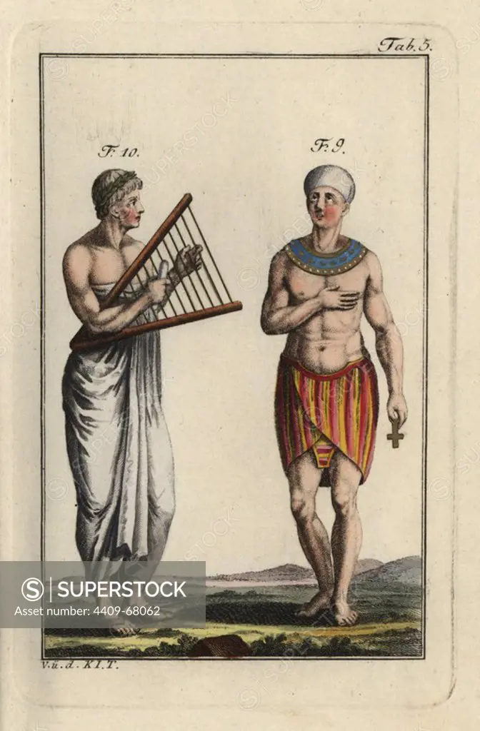 Egyptian sacrificial priest and another priest with harp. Handcolored copperplate engraving from Robert von Spalart's "Historical Picture of the Costumes of the Principal People of Antiquity and of the Middle Ages" (1796).