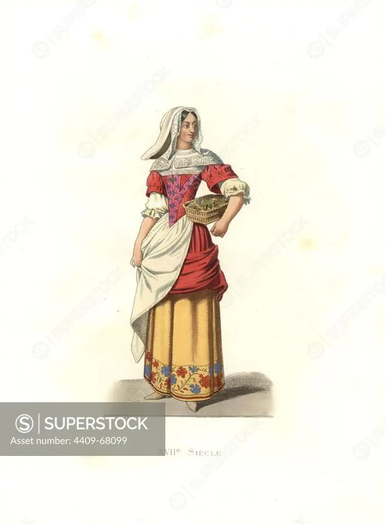 Peasant woman, France, 17th century, from a print by Jean de Saint-Jean. Handcolored illustration by E. Lechevallier-Chevignard, lithographed by A. Didier, L. Flameng, F. Laguillermie, from Georges Duplessis's "Costumes historiques des XVIe, XVIIe et XVIIIe siecles" (Historical costumes of the 16th, 17th and 18th centuries), Paris 1867. The book was a continuation of the series on the costumes of the 12th to 15th centuries published by Camille Bonnard and Paul Mercuri from 1830. Georges Duplessis (1834-1899) was curator of the Prints department at the Bibliotheque nationale. Edmond Lechevallier-Chevignard (1825-1902) was an artist, book illustrator, and interior designer for many public buildings and churches. He was named professor at the National School of Decorative Arts in 1874.