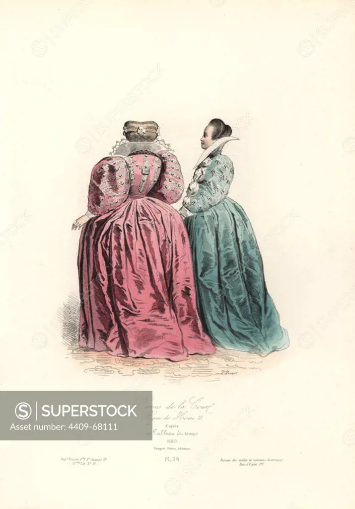 Courtiers, reign of Henri III, 1580. Handcoloured steel engraving by Polidor Pauquet after a contemporary painting from the Pauquet Brothers' "Modes et Costumes Historiques" (Historical Fashions and Costumes), Paris, 1865. Hippolyte (b. 1797) and Polydor Pauquet (b. 1799) ran a successful publishing house in Paris in the 19th century, specializing in illustrated books on costume, birds, butterflies, anatomy and natural history.