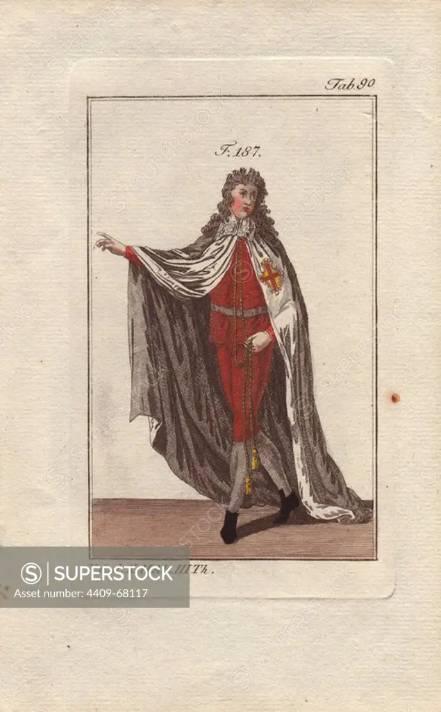 This knight is depicted in his ceremonial robes, with Cistercian scarlet cross on the breast of his cloak.. The Order of Alcantara was a Spanish military order established in 1176. Originally known as the Knights of St. Julian de Pereiro, after a hermit of the country of Salamanca, they are first acknowledged as a military order by a privilege of Pope Celestine III in 1197. They accepted the Cistercian rule and costume, a white mantle with the scarlet overcross. The Knights of Alcántara, under their new name, acquired many castles and estates, for the most part at the expense of the Moslems. They amassed great wealth from booty during the war and from pious donations.. Handcolored copperplate engraving of a knight from a religious military order from Robert von Spalart's "Historical Picture of the Costumes of the Principal People of Antiquity and of the Middle Ages" (1796).