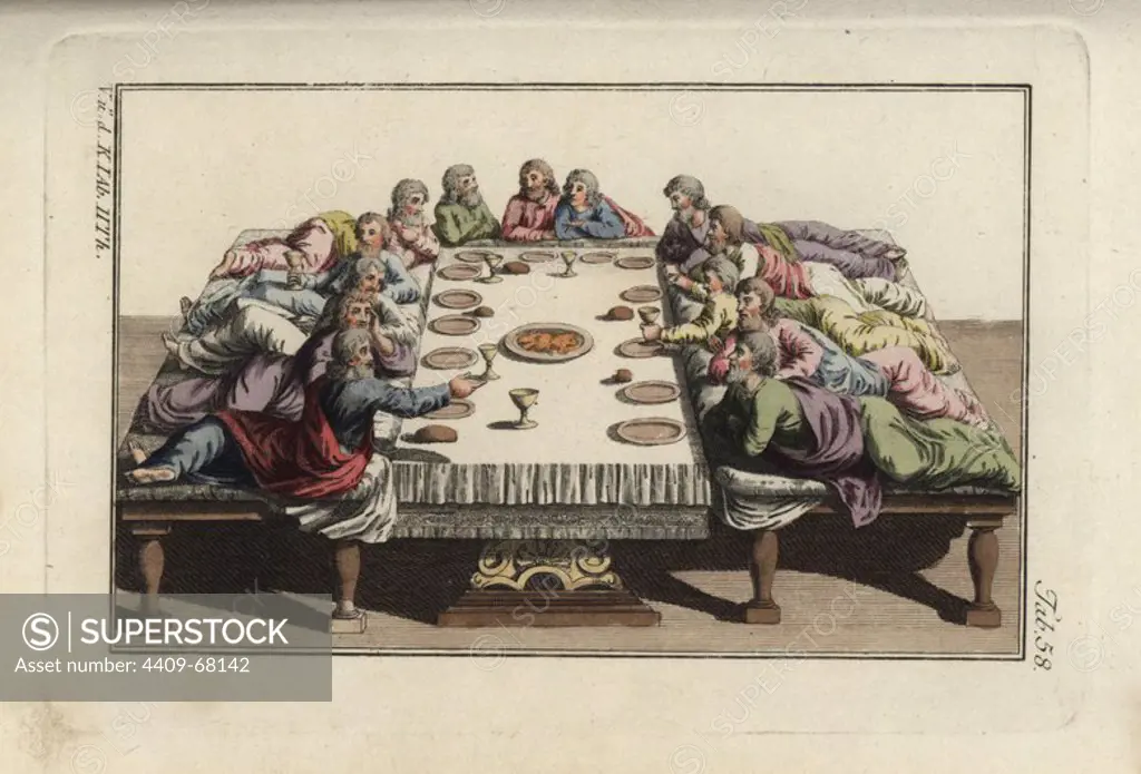 The last supper with Jesus Christ and his apostles. Handcolored copperplate engraving from Robert von Spalart's "Historical Picture of the Costumes of the Principal People of Antiquity and of the Middle Ages" (1797).