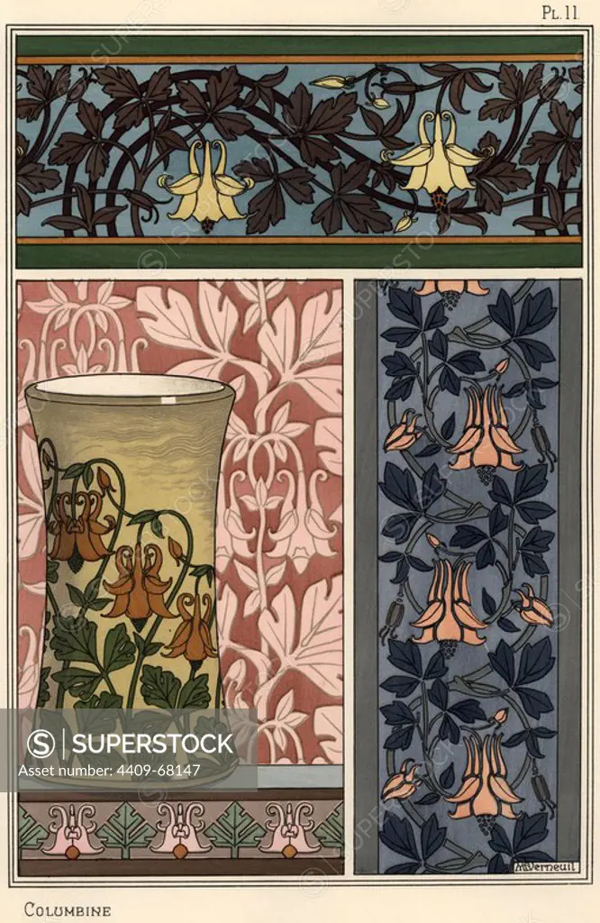 Columbine flower, Aquilegia vulgaris, in patterns for wallpaper, fabric and vase. Lithograph by Verneuil with pochoir (stencil) handcoloring from Eugene Grasset's Plants and their Application to Ornament, Paris, 1897. Grasset (1841-1917) was a Swiss artist whose innovative designs inspired the art nouveau movement at the end of the 19th century.