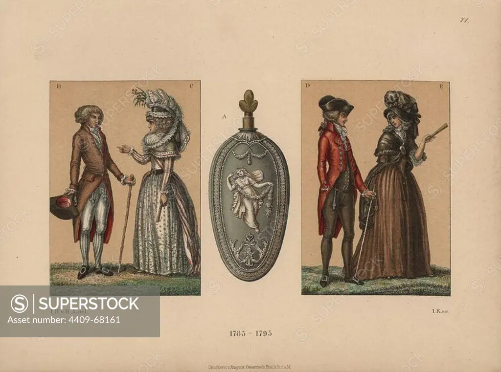 Fashion from 1785 to 1795. Latest men's and women's modes from Paris based on fashion plates. A porcelain flagon by Wedgwood. Chromolithograph from Hefner-Alteneck's "Costumes, Artworks and Appliances from the Middle Ages to the 17th Century," Frankfurt, 1889. Illustration by Dr. Jakob Heinrich von Hefner-Alteneck, lithographed by Joh. Klipphahn, and published by Heinrich Keller. Dr. Hefner-Alteneck (1811 - 1903) was a German museum curator, archaeologist, art historian, illustrator and etcher.