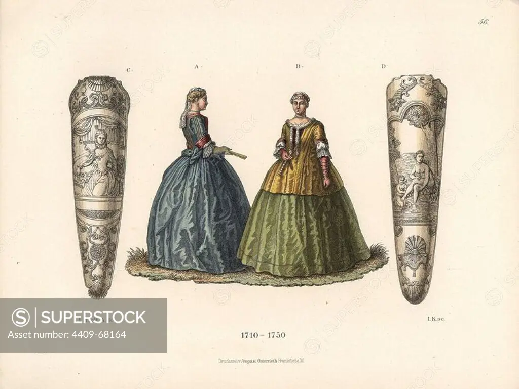 Women's fashions and carved ivory tobacco muller from the early 18th century. Chromolithograph from Hefner-Alteneck's "Costumes, Artworks and Appliances from the Middle Ages to the 18th Century," Frankfurt, 1889. Illustration by Dr. Jakob Heinrich von Hefner-Alteneck, lithograph by Joh. Klipphahn and published by Heinrich Keller. Dr. Hefner-Alteneck (1811 - 1903) was a German curator, archaeologist, art historian, illustrator and etcher.