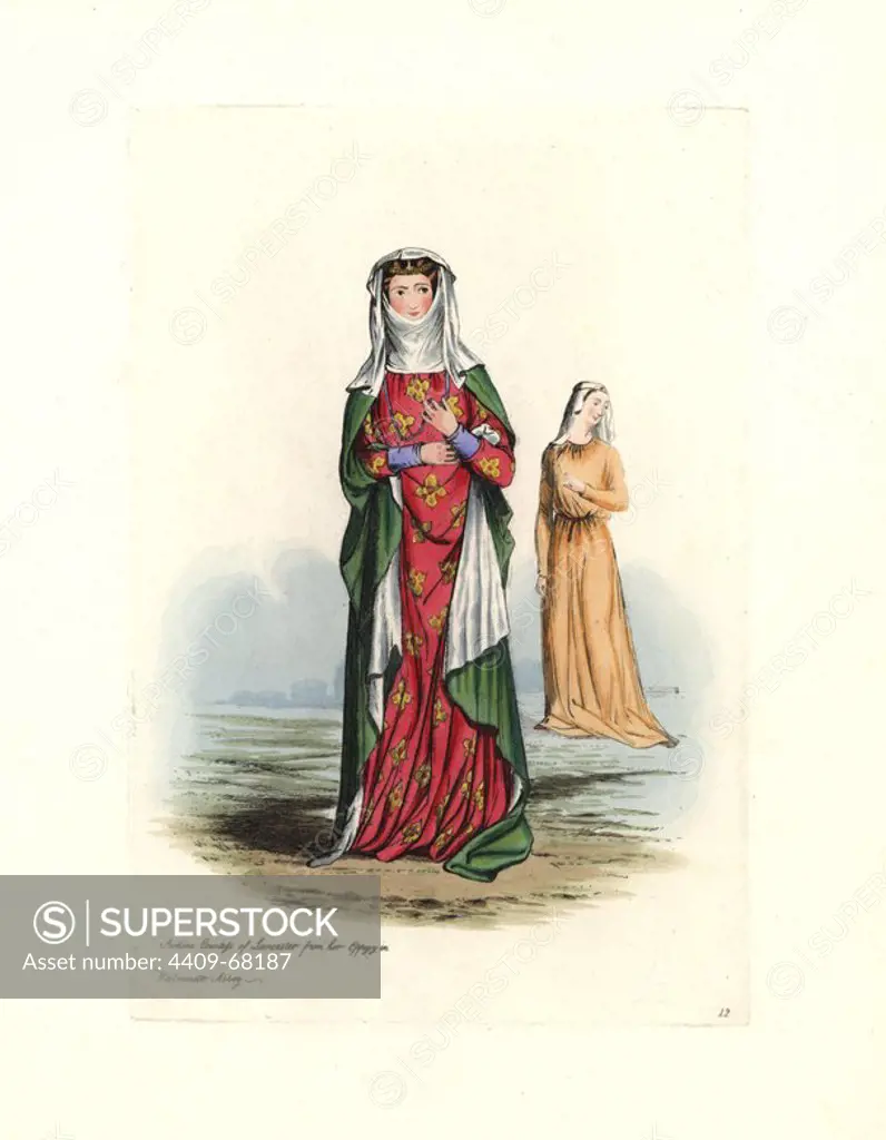 Aveline, Countess of Lancaster (d. 1274), from her effigy in Westminster Abbey. Background figure in simple robe and veil from Cotton MSS, Nero D.I. Handcolored engraving from "Civil Costume of England from the Conquest to the Present Period" drawn by Charles Martin and etched by Leopold Martin, London, Henry Bohn, 1842. The costumes were drawn from tapestries, monumental effigies, illuminated manuscripts and portraits. Charles and Leopold Martin were the sons of the romantic artist and mezzotint engraver John Martin (1789-1854).