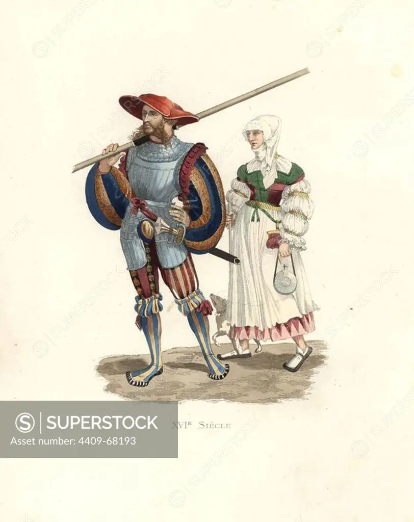 German lancer and peasant woman, 16th century, from a print by Hans Guldenmundt. The soldier in an extraordinary luxurious and flamboyant costume of breastplate, puff sleeves and multicolored striped stockings.. Handcolored illustration by E. Lechevallier-Chevignard, lithographed by A. Didier, L. Flamenq, F. Laguillermie, from Georges Duplessis's "Costumes historiques des XVIe, XVIIe et XVIIIe siecles" (Historical costumes of the 16th, 17th and 18th centuries), Paris 1867. The book was a continuation of the series on the costumes of the 12th to 15th centuries published by Camille Bonnard and Paul Mercuri from 1830. Georges Duplessis (1834-1899) was curator of the Prints department at the Bibliotheque nationale. Edmond Lechevallier-Chevignard (1825-1902) was an artist, book illustrator, and interior designer for many public buildings and churches. He was named professor at the National School of Decorative Arts in 1874.